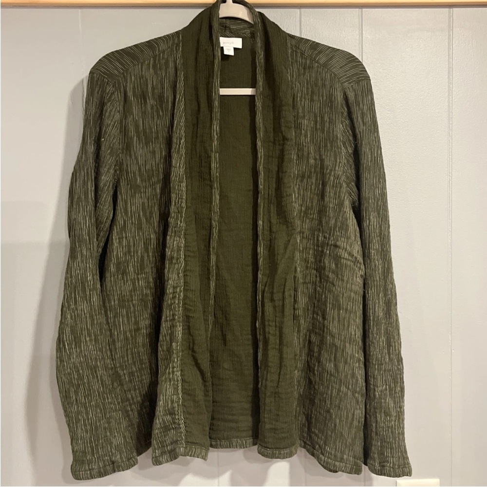 Pure Jill Large Green Lightweight Gauze Open-Front Cotton Cardigan Striped